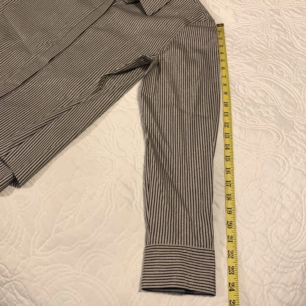 LAFAYETTE 148 NY Stripe Shimmer Button Down Long Sleeve Blouse Black Beige SZ 10 - Picture 15 of 16